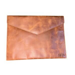BB engraved initials 13x10 leather laptop sleeve envelope style flap closure